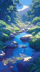 Stream flows through woods with mountain view for nature, landscape, environmental use