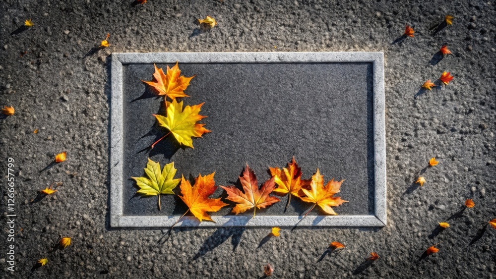 Aufkleber autumnal leaves adorn a simple stone frame on a textured surface