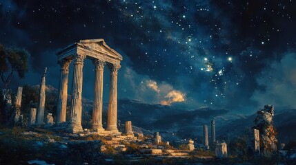 Fototapeta premium Night sky over ancient Greek ruins