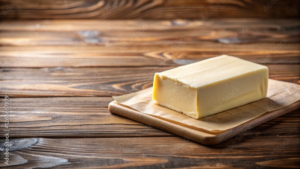 Poster a block of dairy butter rests on a wooden cutting board, presented on a rustic wooden surface