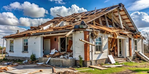 A single-story house with a collapsed roof, exposed wiring, and shattered windows , destruction, ruinedhome