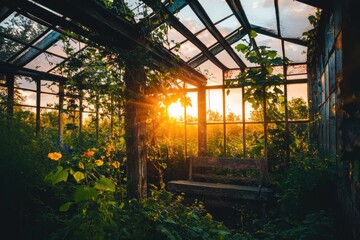 Sunlit abandoned greenhouse overgrown with vibrant plants and a weathered bench.