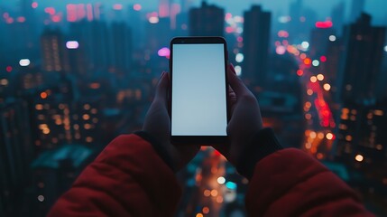 A closeup of a hand holding a smartphone with a blank screen, overlooking a lively urban area at twilight, dramatic lighting, sharp details, cinematic focus