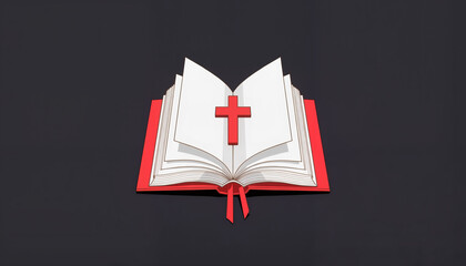 Open Bible with red cross on dark background
