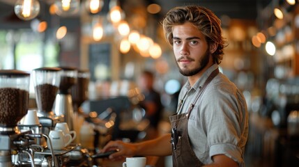 Barista preparing coffee in a bustling caf? with warm lighting and patrons in the background