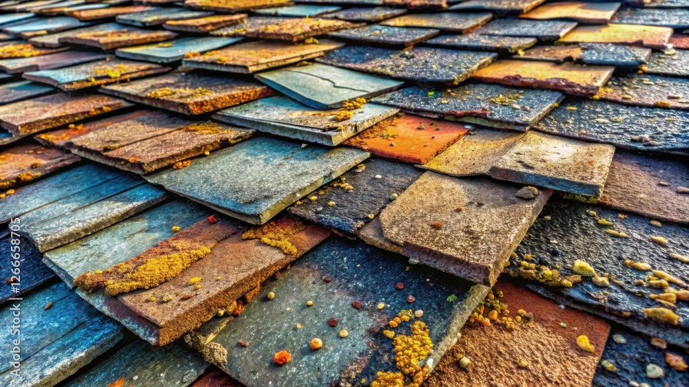 Aufkleber A Detailed Close-Up View of an Aged, Multi-Colored Tile Roof with Subtle Textural Variations and Lichen Growth