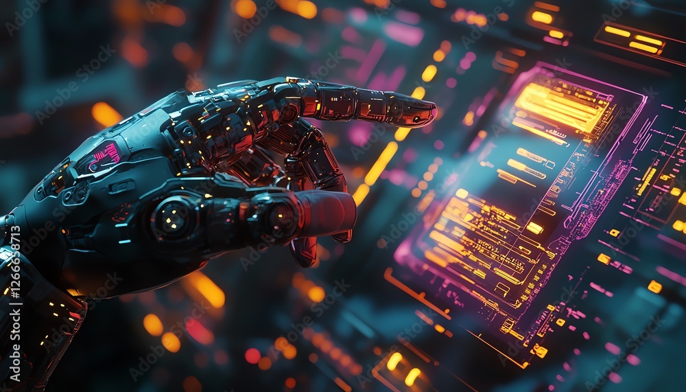 Poster advanced 3d robot finger pointing at an ai chip, holographic document management system hovering abo