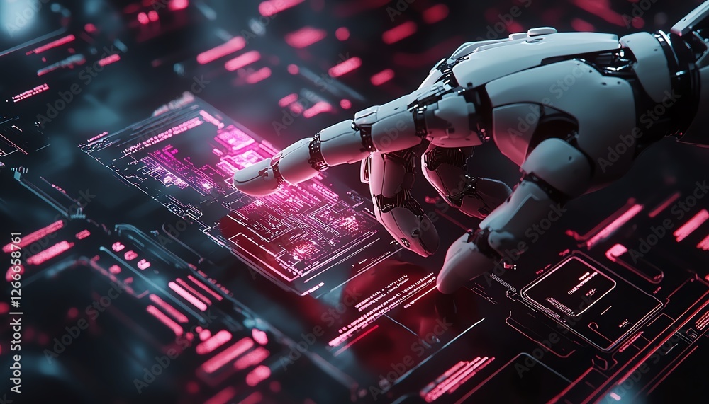 Poster advanced 3d robot finger pointing at an ai chip, holographic document management system hovering abo