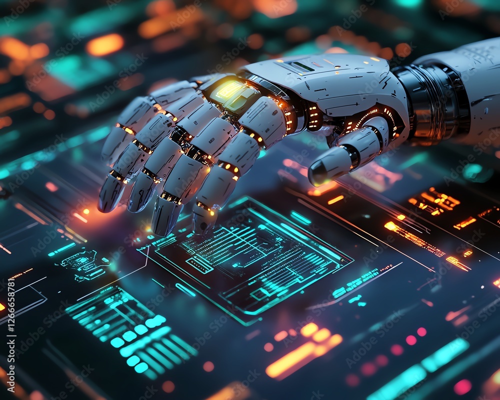 Poster futuristic 3d robot finger tapping on an ai chip with a digital document management system hologram,