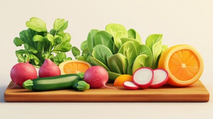 Fresh Colorful Vegetables and Fruits on Wooden Cutting Board
