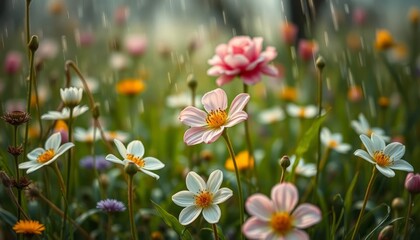 A field of colorful flowers blooming in the garden during spring and summer