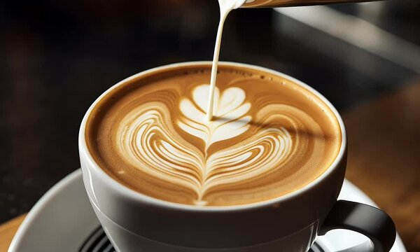 Latte art creation cafe milk pour close-up
