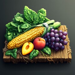 Fresh Vegetable and Fruit Arrangement on Rustic Wooden Surface