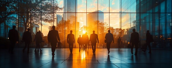 Employees silhouettes leaving the office after layoff announcements, company concept of workforce reduction, dramatic lighting, tense mood, corporate imagery