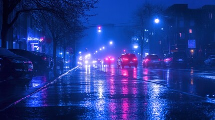 Obraz premium Foggy Night Street Scene with Neon Lights and Reflections in Rain