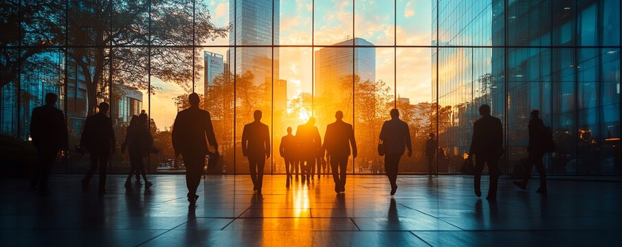 Employees silhouettes leaving the office after layoff announcements, company concept of workforce reduction, dramatic lighting, tense mood, corporate imagery