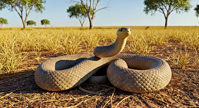 An Eastern Brown Snake Coiled Tightly in the Dry Australian Grasslands, Its Body Tensed and Head Raised in a Defensive Posture - Powered by Adobe