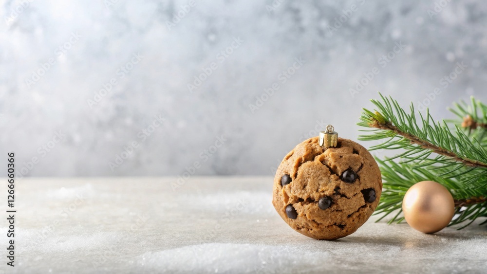 Aufkleber a delicious chocolate chip cookie shaped like a festive ornament, resting on a snowy surface with ev