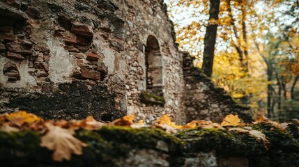 Autumn leaves on mossy wall by old church ruins in a forest
