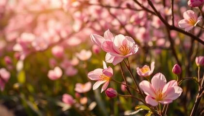 Fototapeta premium A field of pink flowers blooming in the garden during spring and summer sunrise