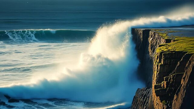 Large wave crashing on a cliff in Ireland, dramatic coastal scenery perfect for travel brochures, website backgrounds, and editorial content.