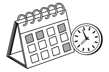   A simple, black and white line drawing of a calendar with a clock icon, representing time management. The calendar has a grid of squares, with 10 squares in each row, and a horizontal line at the t