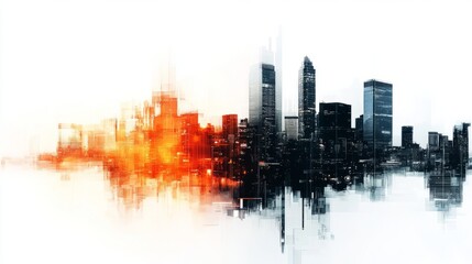 Fototapeta premium Futuristic modern cityscape with digital network icons and double exposure effect, showcasing smart city connectivity, iot technology, and high-tech urban infrastructure in a glowing night skyline