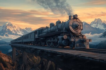 Fototapeta premium Vintage steam train crosses a high wooden bridge against a breathtaking sunset backdrop of snow-capped mountains.