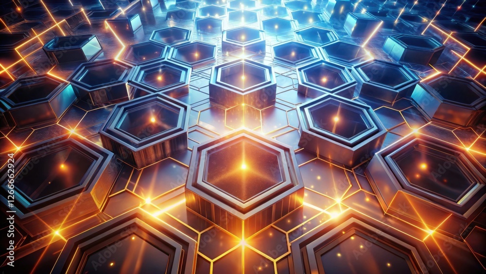 Poster Illuminated Hexagonal Grid Abstract Technological Background with Glowing Lines and Metallic Surfaces