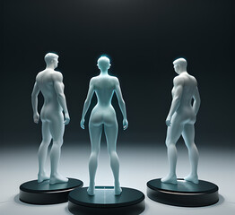 Obraz premium Abstract surrealistic illustration of glass statue several people standing in pose.Concept project.mindfulness and meditation.Futuristic. cyberpunk.innovation different types of poses.generative ai