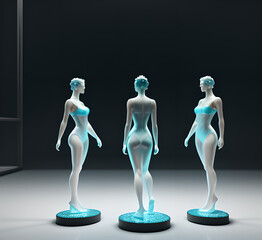 Abstract surrealistic illustration of glass statue several people standing in pose.Concept project.mindfulness and meditation.Futuristic. cyberpunk.innovation different types of poses.generative ai
