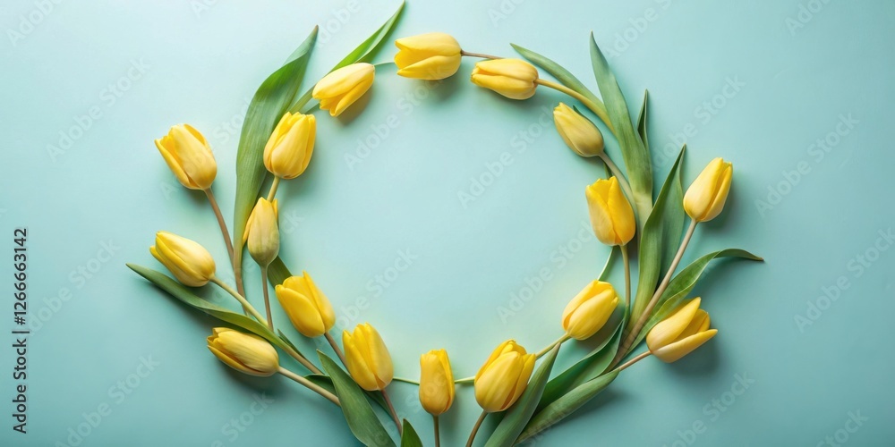 Poster a delicate circle of springtime yellow tulips arranged on a pale teal background, creating a vibrant