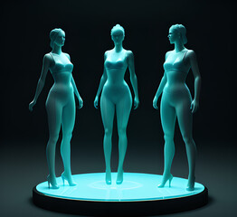 Obraz premium Abstract surrealistic illustration of glass statue several people standing in pose.Concept project.mindfulness and meditation.Futuristic. cyberpunk.innovation different types of poses.generative ai
