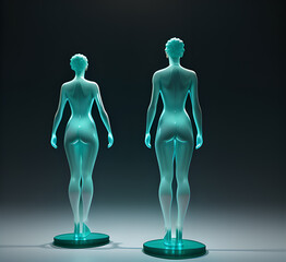 Abstract surrealistic illustration of glass statue several people standing in pose.Concept project.mindfulness and meditation.Futuristic. cyberpunk.innovation different types of poses.generative ai
