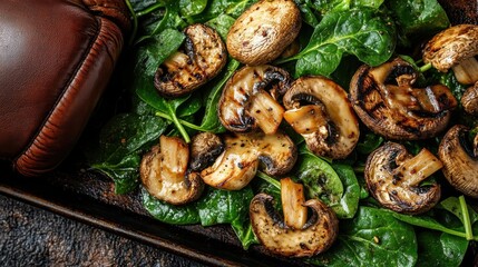 Fototapeta premium Grilled Mushrooms and Spinach Salad Preparation