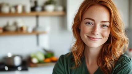 Obraz premium blonde-haired woman wearing a green dress making a delicious meal with vegetables in a modern white kitchen while looking at the camera 