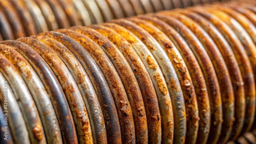 Poster close-up view of weathered metallic coils exhibiting significant rust and patina, showcasing the tex