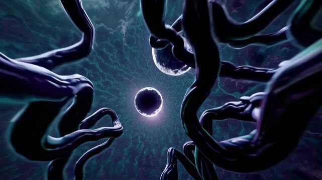 Black hole with floating cosmic tendrils in deep space, symbolizing an interdimensional entity extending across multiple dimensions.

