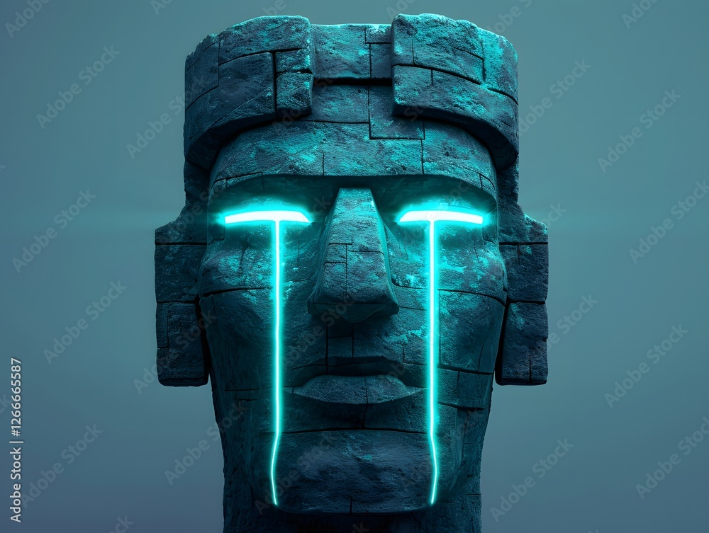 Wall mural Glowing Mystical Stone Head Statue with Futuristic Digital Lights