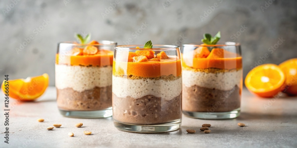 Poster layered dessert trifles with citrus segments and crumbly topping in elegant glasses