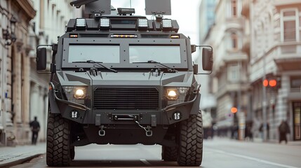 Heavily Armored Military Truck Traversing Urban Street