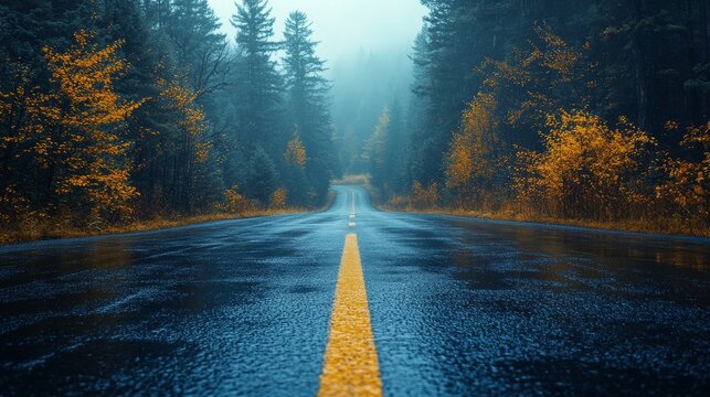 Rainy autumn road through a misty forest.
