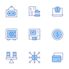 Banking icons set. Line Duotone style, editable stroke. atm, bank, banking, credit card, dollar coins, internet banking, open, safe deposit, stability