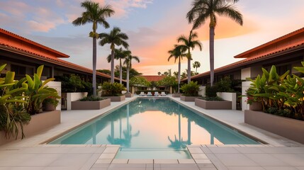 Fototapeta premium Luxurious Tropical Resort with Stunning Pool and Sunset Views