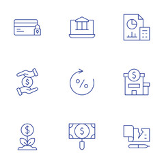 Banking icons set. Thin Line style, editable stroke. accountant, bank, bank check, credit card, funding, investment, online banking, percentage