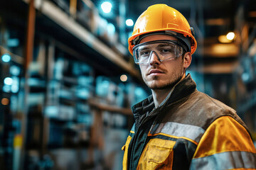 Dynamic construction worker in safety gear engaged in industrial tasks with vibrant lighting and detailed textures
