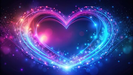Swirling heart-shaped neon particles in a vibrant, electric blue background with intricate purple and pink swirls, creating a mesmerizing visual effect , pink, design
