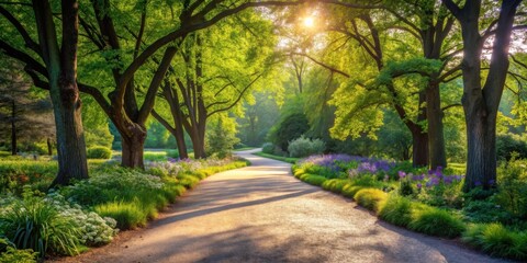 Fototapeta premium Serene Pathway Winding Through a Sun-Dappled Garden with Lush Greenery and Vibrant Blossoms
