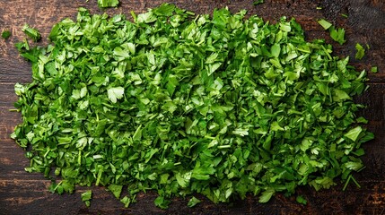 Freshly Chopped Parsley on Rustic Wooden Surface