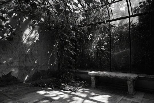 Overgrown stone bench in a sunlit, dilapidated greenhouse, vines and shadows. - Powered by Adobe